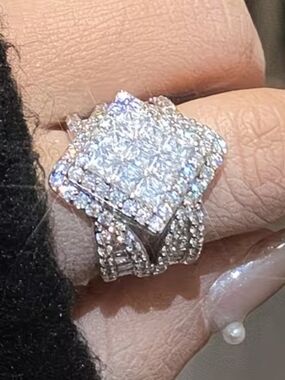 Silver-Tone Pave Cluster Statement Ring - White